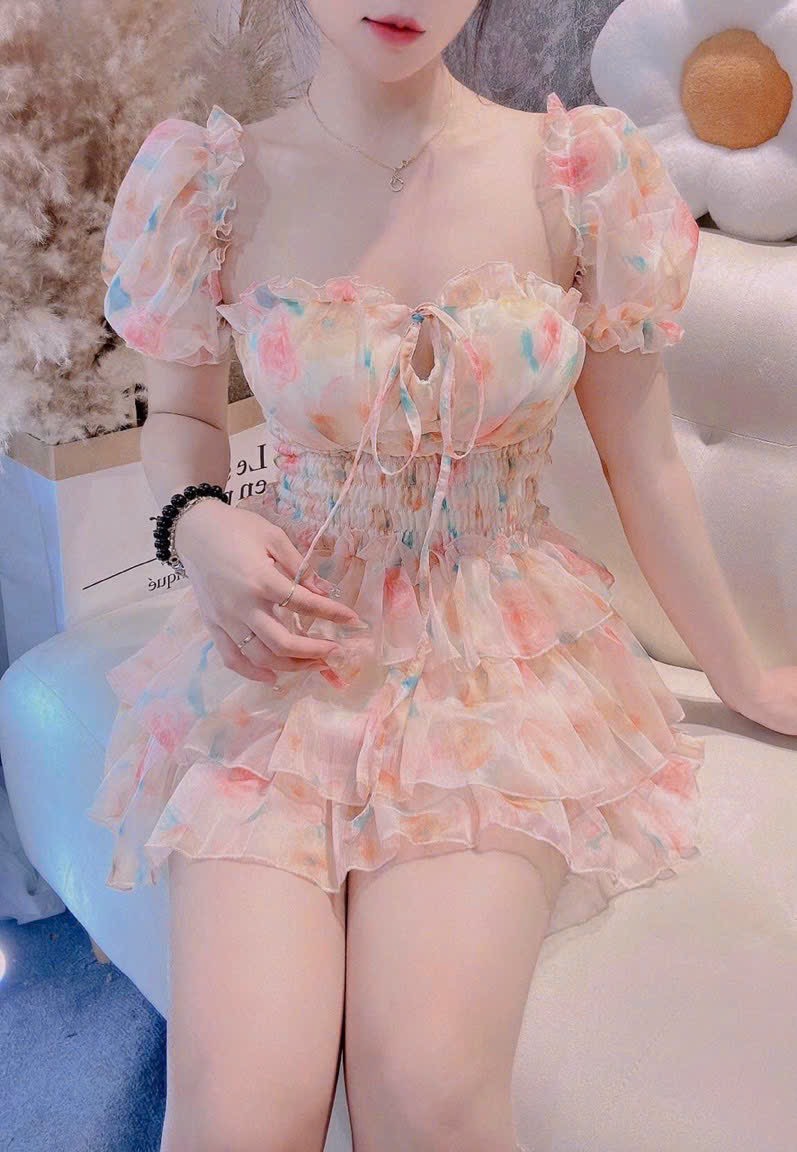 Đầm hoa thắt dây tay phồng cup bèo ngực nhún eo váy tầng có lót quần, Váy đầm voan tay ngắn form eo nhún tôn dáng bèo tầng nhiều màu sắc