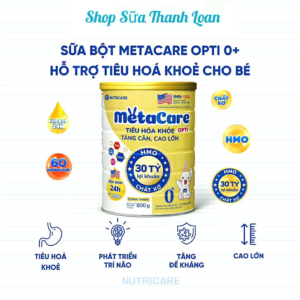 (HSD T3-2028) (Mẫu Mới) Sữa Bột Nutricare MetaCare Opti 0+  800g.