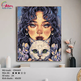 Tranh sơn dầu số hoá tự tô màu Gam cô gái và mèo CN4469 thumbnail
