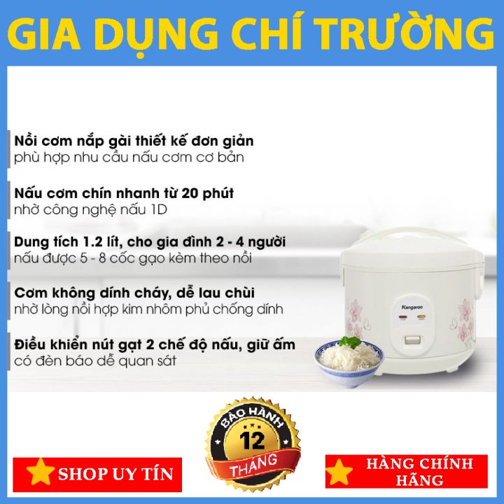 [NỒI CƠM ĐIỆN NẮP GÀI] Kangaroo KG12RC1 1.2 lít