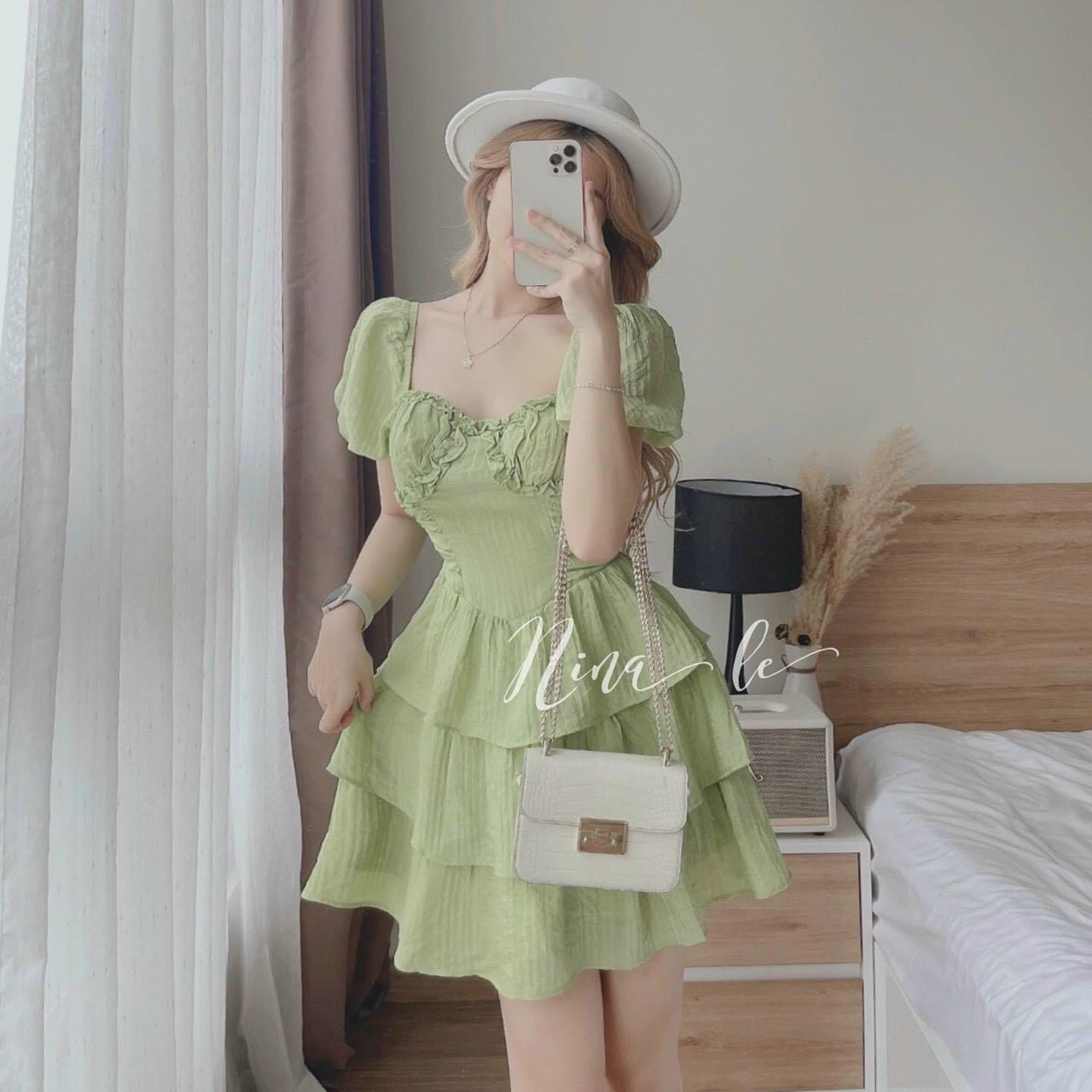 Đầm thời trang nữ mặc đi chơi chất thun đũi gân cổ vuông tay búp ôm eo váy xoè 3 tầng ngắn
