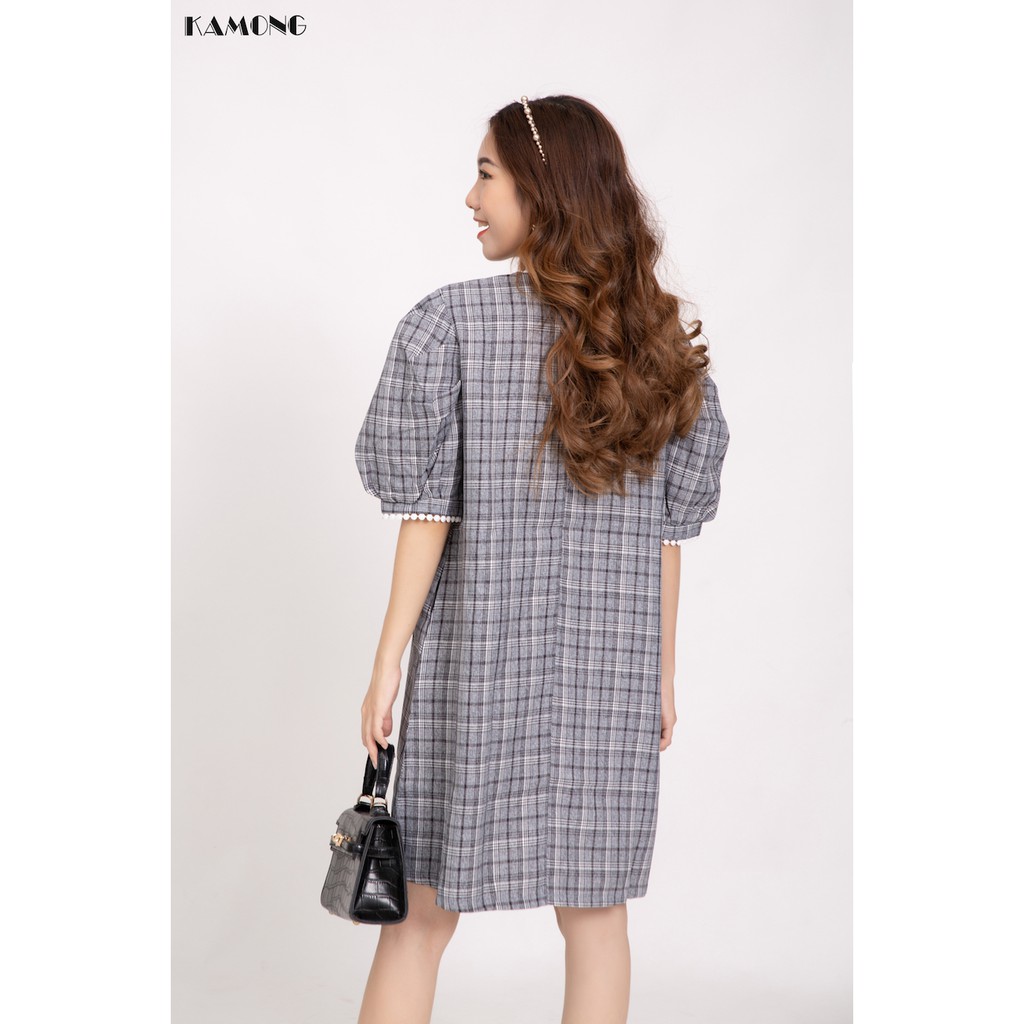 Đầm Suông Caro Phối Cổ Ren Kamong D086