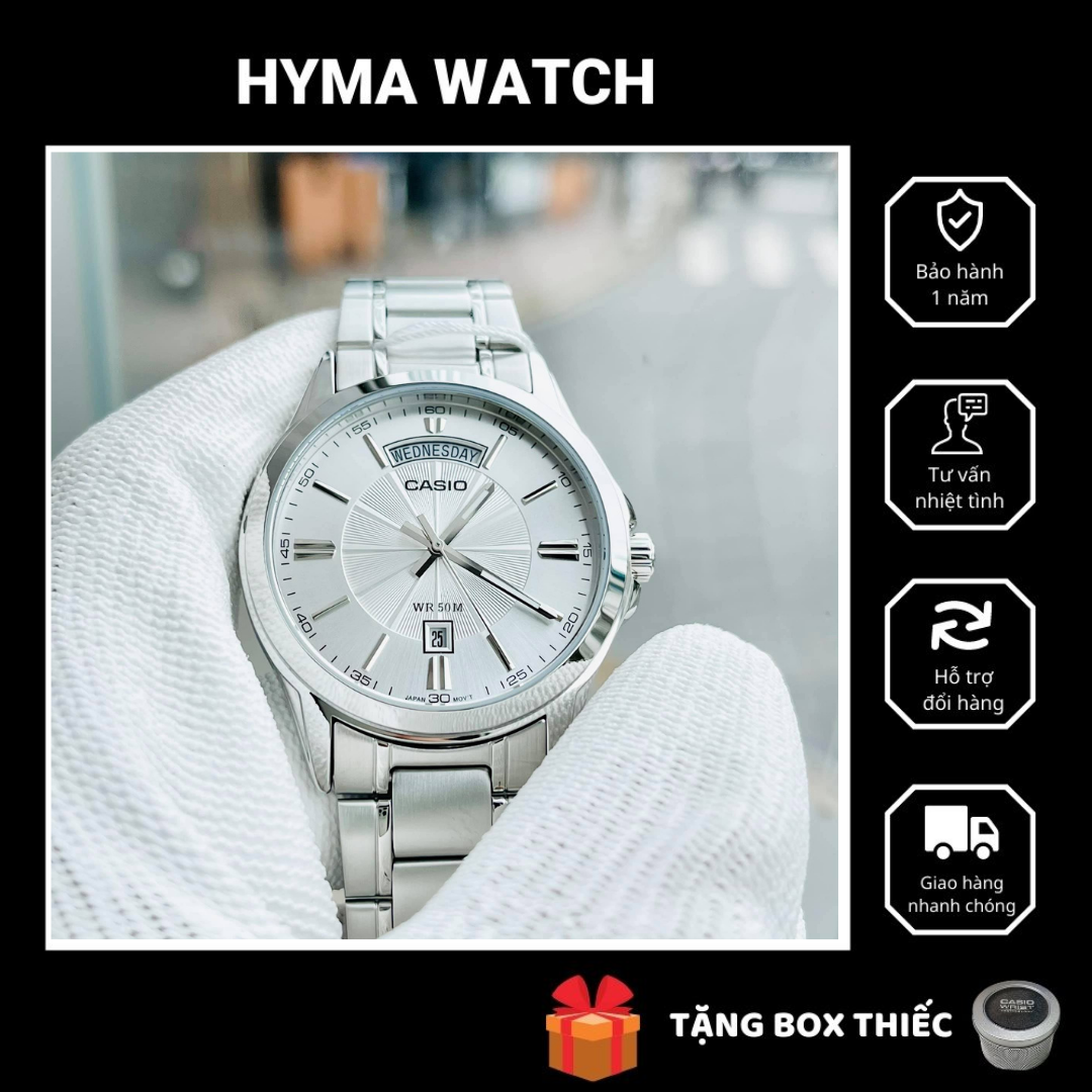Đồng hồ nam dây thép Casio MTP 1381D-7AV mặt trắng chống nước 5ATM size 39mm Bảo hành 1 năm Hyma watch