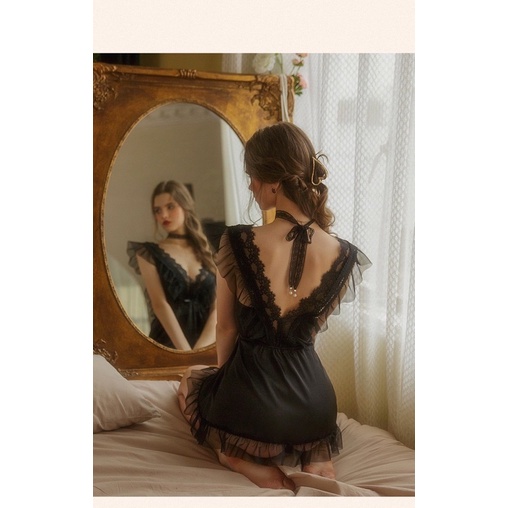 Váy Ngủ Lụa Phối Ren Tiểu Thư Sexy Quyến Rũ Cao Cấp