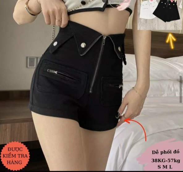 Quần short kaki phối cổ bẻ lưng cao hot trend mới phối túi hai dây kéo phá cách u2984934