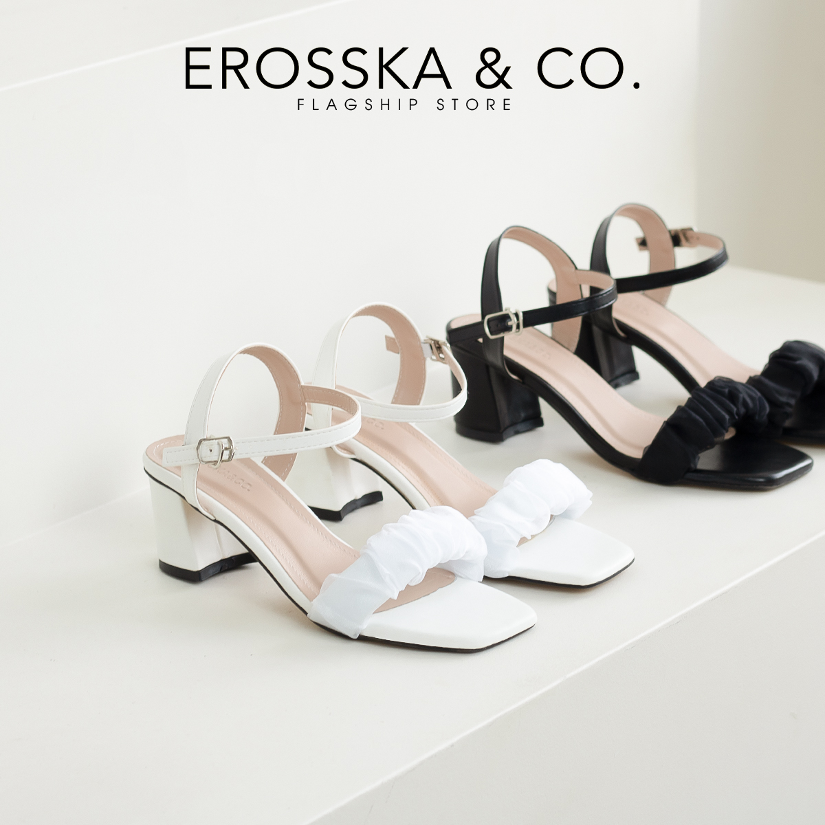 Erosska - Giày sandal cao gót đi học quai nhún cao 5cm màu đen - EB047