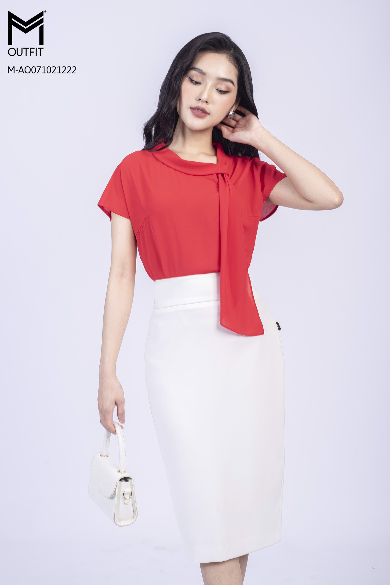 Áo sơ mi tay hến, cổ lệch buộc nơ - Mmoutfit