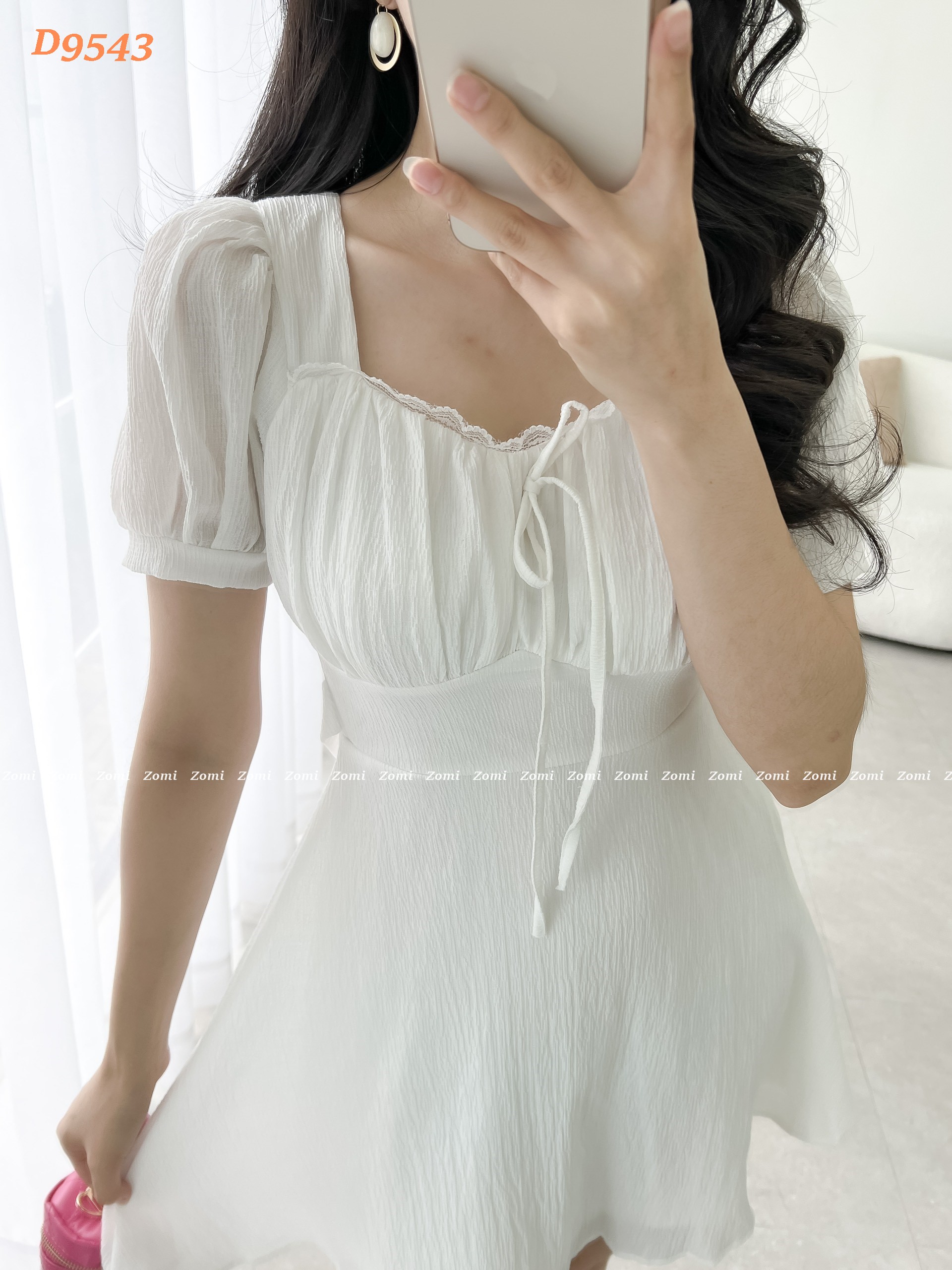 Đầm xòe tay phồng nhún phối ren điệu đà