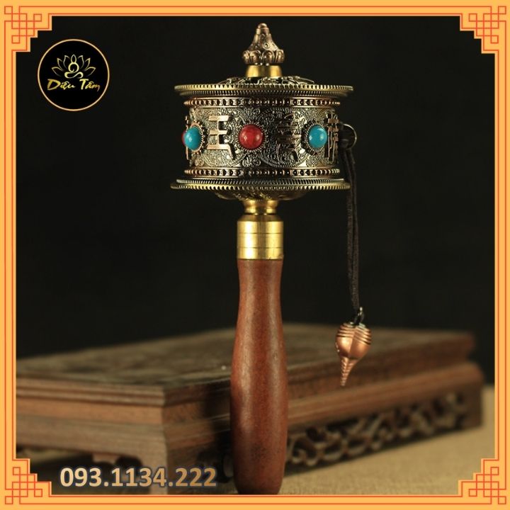 Kinh luân cầm tay có chứa câu chú Om Mani Padme Hum bánh xe kinh luân MS450 pháp khí đồ thờ cúng
