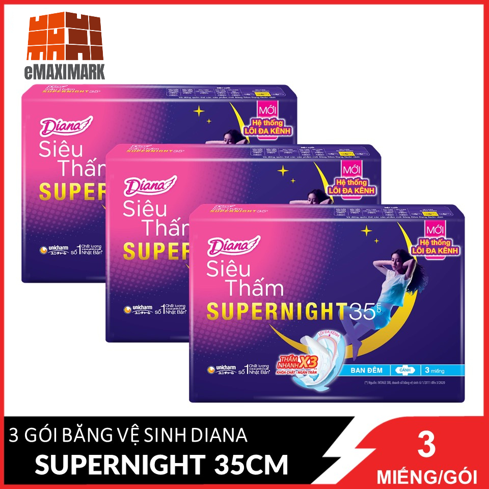[HCM ship 2h] Combo 3 Băng Vệ Sinh Diana Ban Đêm Siêu Thấm Supernight Cánh Gói 3 Miếng