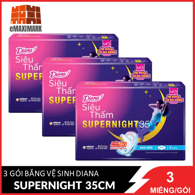 [HCM]COMBO 3 Băng vệ sinh Diana Ban đêm Siêu thấm Supernight cánh 35cm 3 miếng/gói X3 nhập khẩu