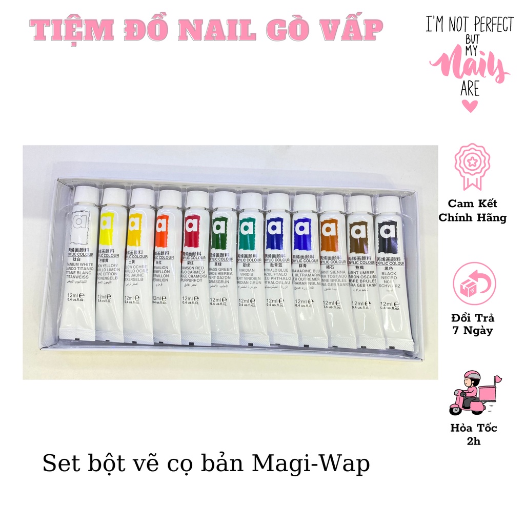 Set Bột Vẽ Cọ Bản Nail 3D 12 Màu MAGI-WAP