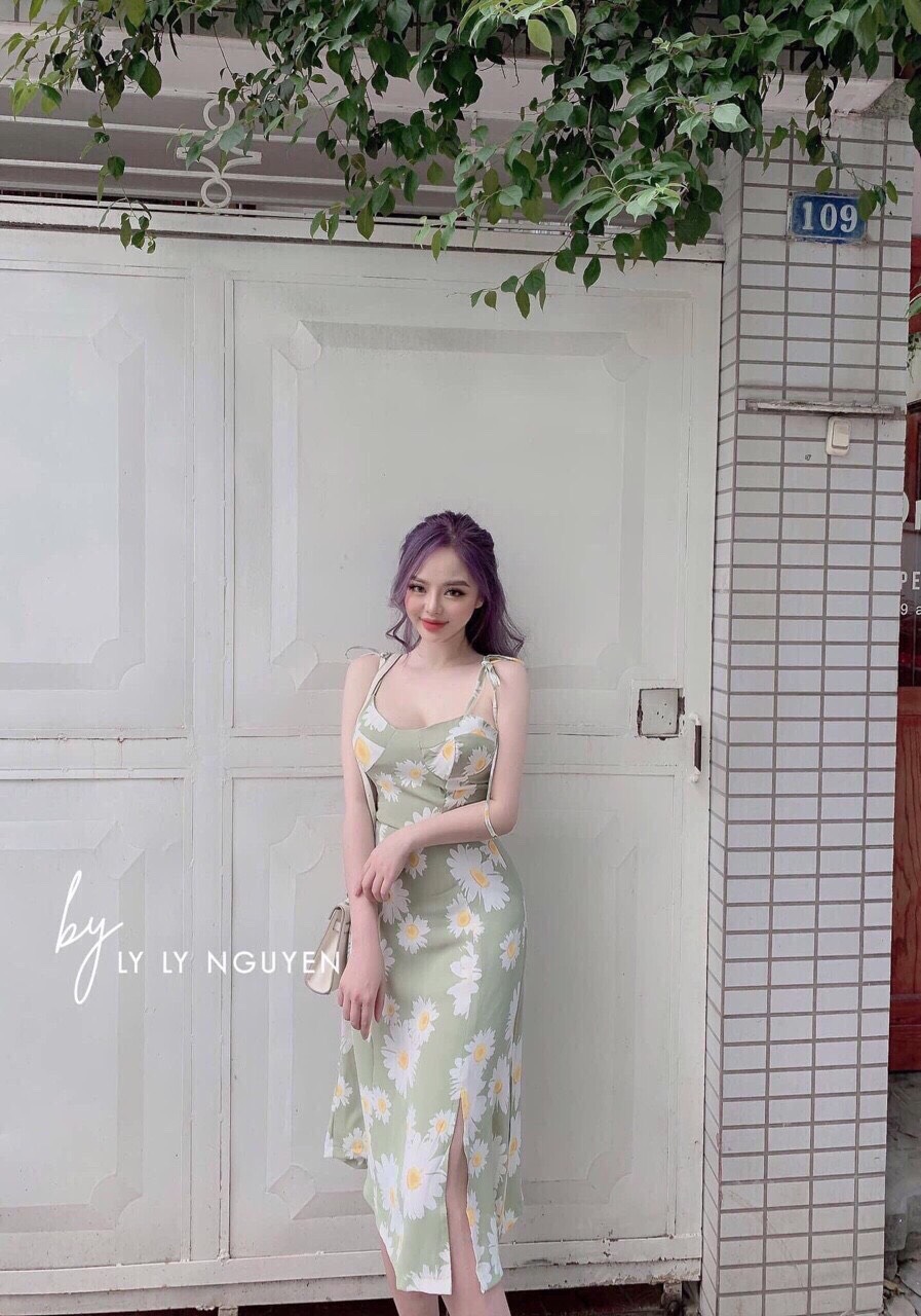 [HCM]Váy đầm  lụa cao cấp hoa cúc 2 dây dáng xòe  phù hợp đi biển đi chơi