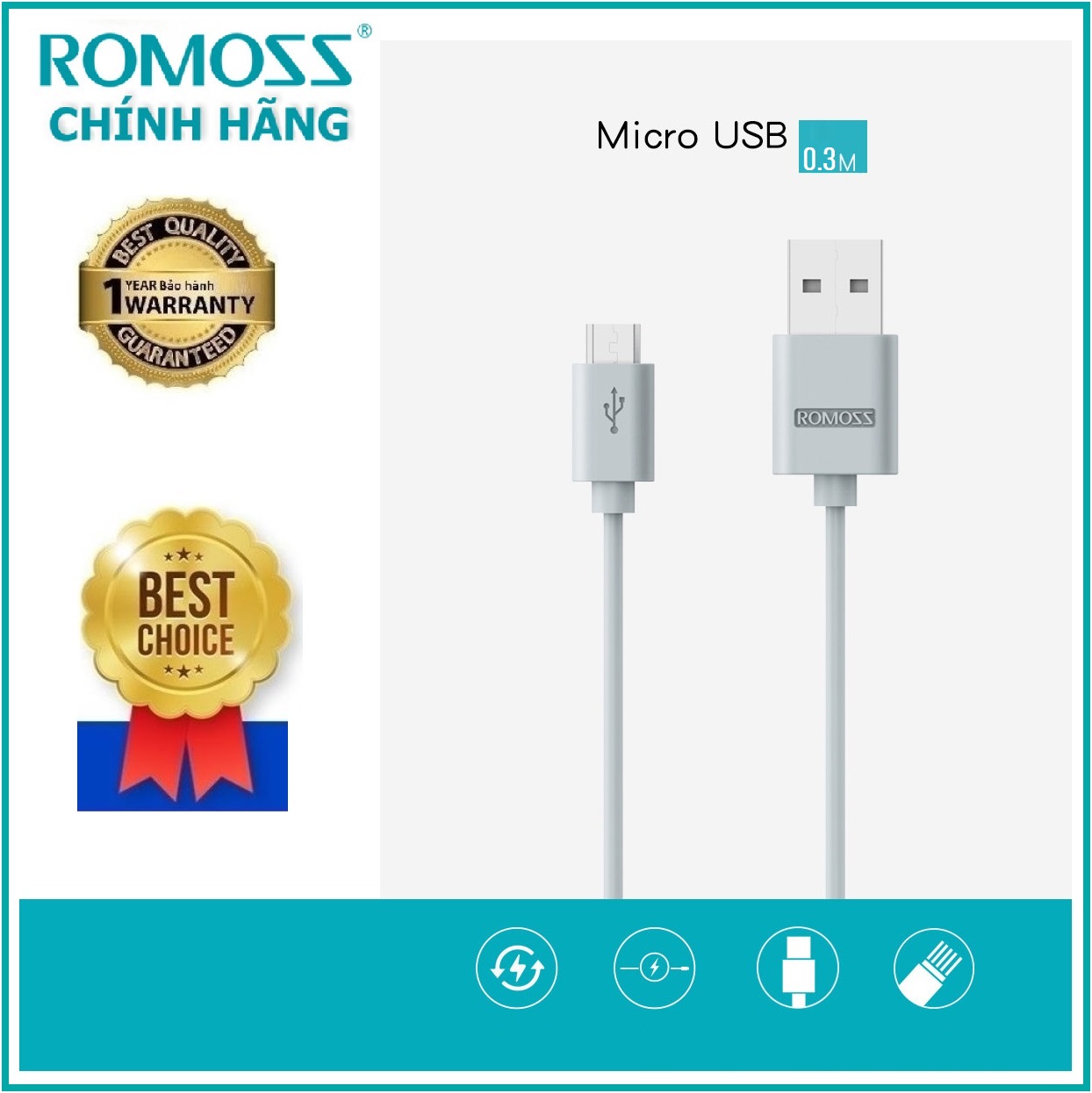 Cáp sạc Romoss CB05 Micro USB V8/2.1A (Trắng) Loại Dài 1m và Dài 0.3m