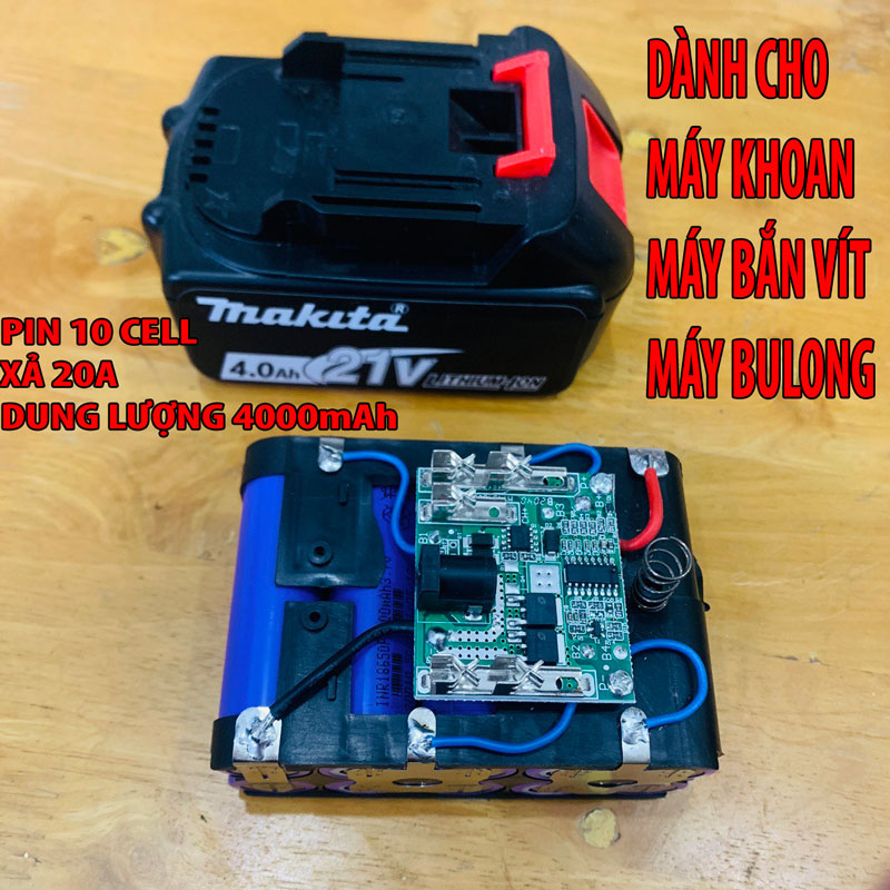 Pin 10 Cell 21V 4000mAh 3000mAh Xả 20A 40A Chân Makita Phổ Thông 4cm