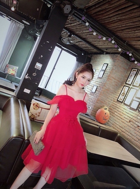Đầm lưới tầng xòe bẹt vai