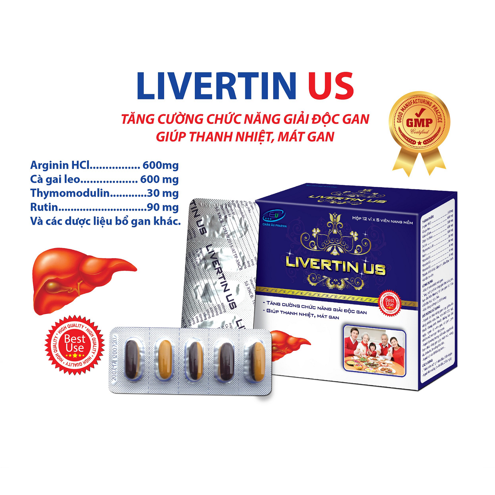 Viên Uống Bổ Gan Livertin US - Arginin - Cà Gai Leo - Giúp Giải Độc Gan, Thanh Nhiệt, Mát Gan - Hộp 60 Viên