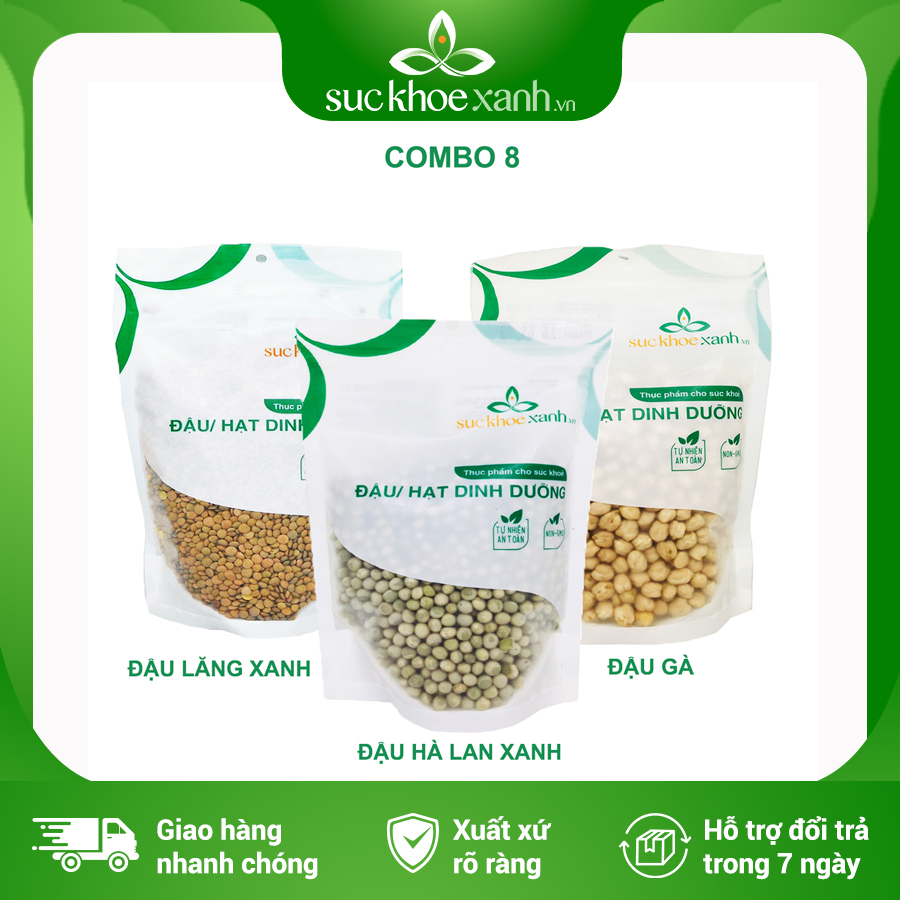 Combo 8 - Đậu gà & Đậu lăng xanh & Đậu hà lan xanh nguyên hạt - 500g/túi