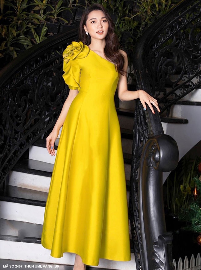 Đầm xòe dài vai xéo đính hoa hồng - ddd2467
