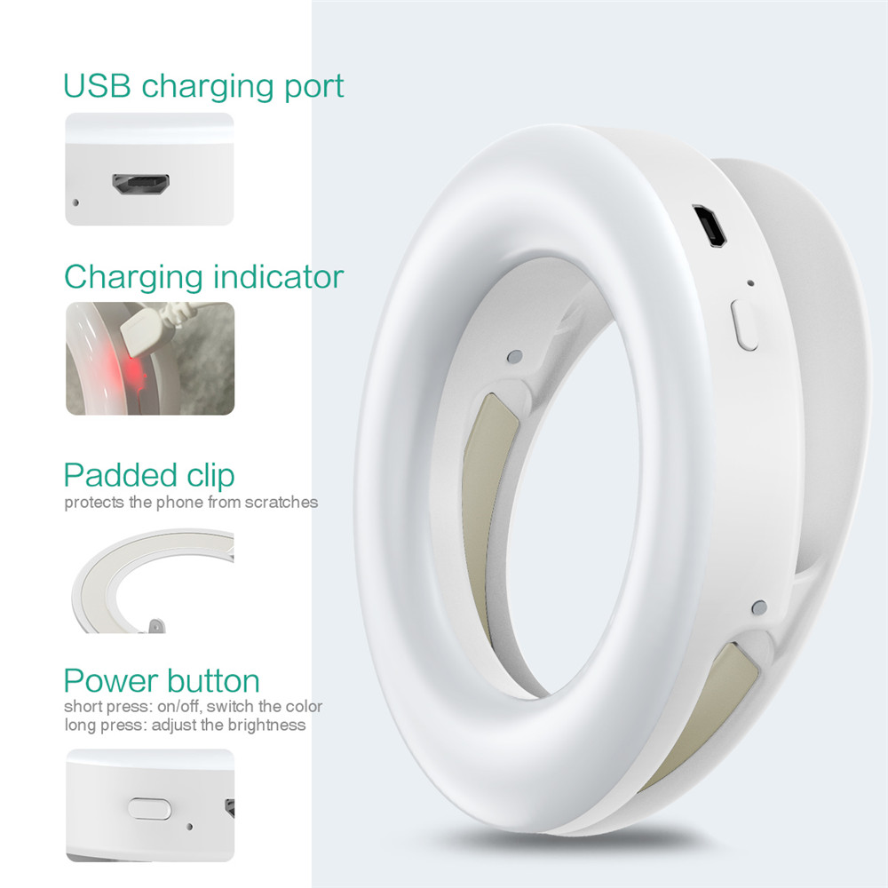 KIPRUN Selfie Ring Light [3 Light Modes] [Rechargeable], Clip on Phone Camera LED Light, Adjustable Brightness Selfie Circle Light for iPhone X Xr Xs Max 7 8 Plus 11 Pro Android iPad Laptop