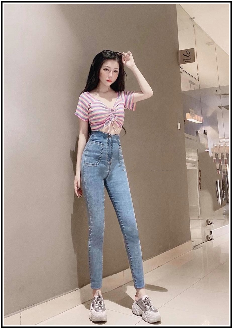 Quần jean nữ 2 TÚI KIỂU + 2 CÚC lưng siêu cao  MÀU XANH NHẠT chất jean giãn tốt  s-6