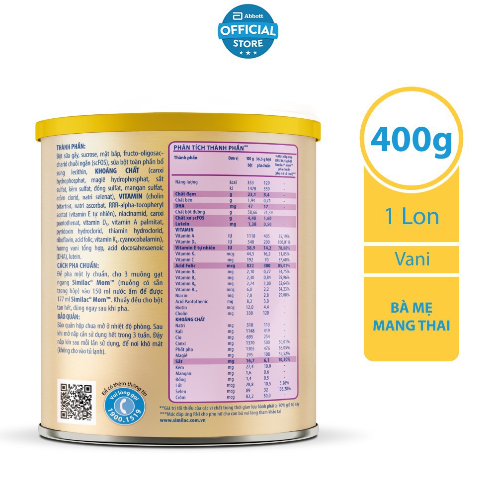 Sữa bột Similac Mom IQ 400g hương vani / dâu