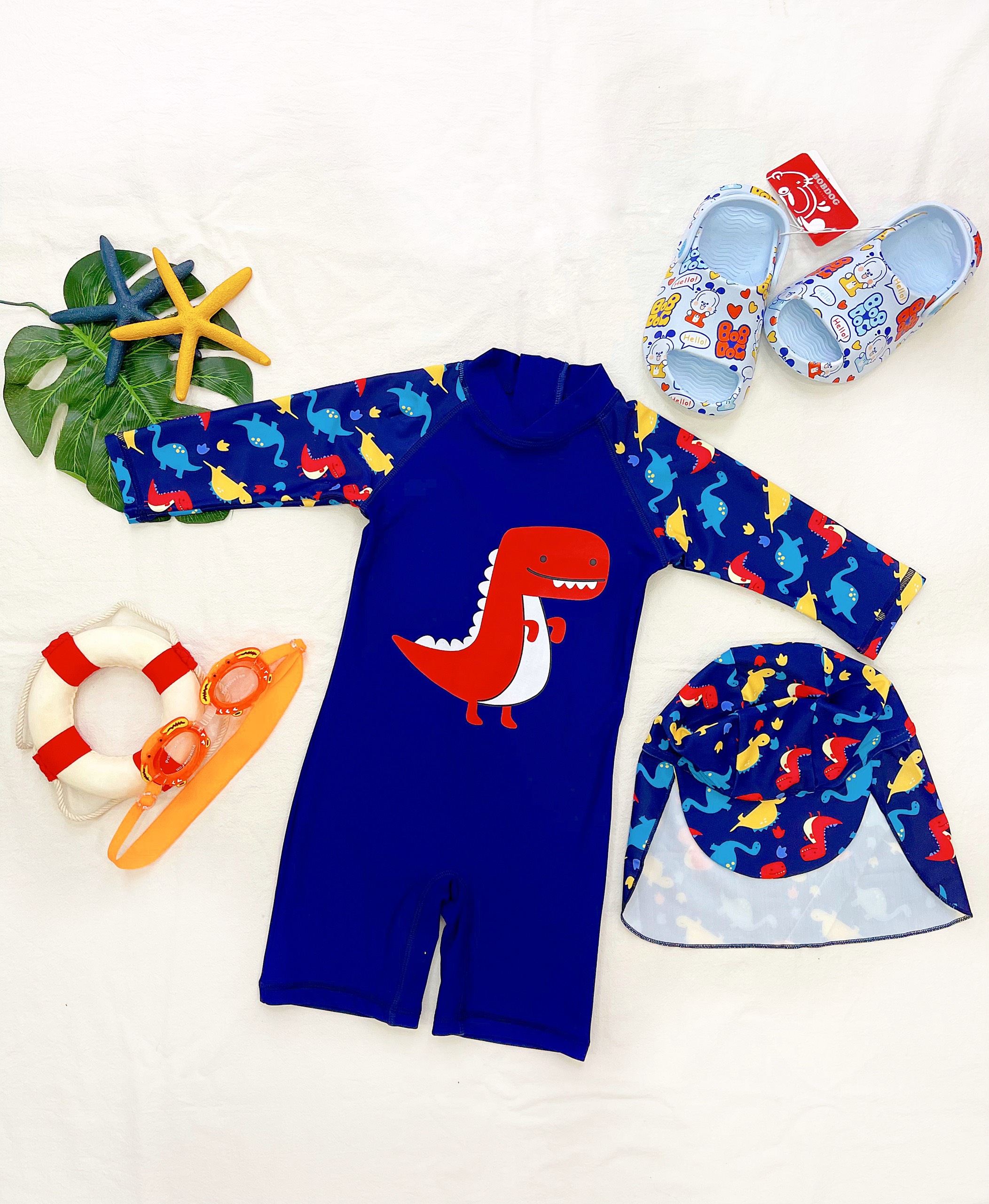 🦕 Set đồ bơi tay lửng khủng long đỏ bé trai