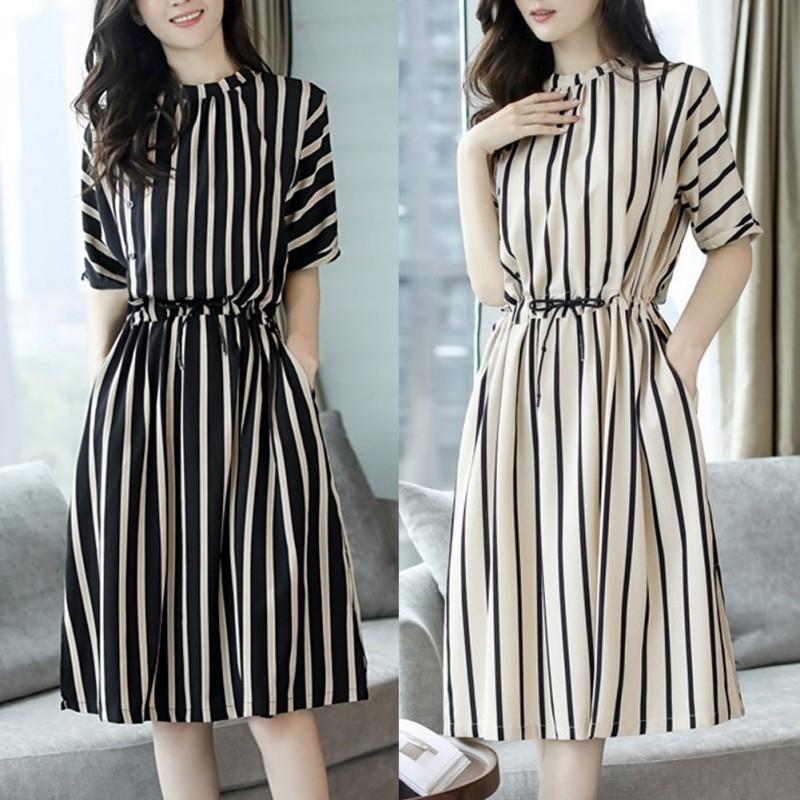 Đầm Chiffon trắng đen họa tiết sọc đứng HLS006