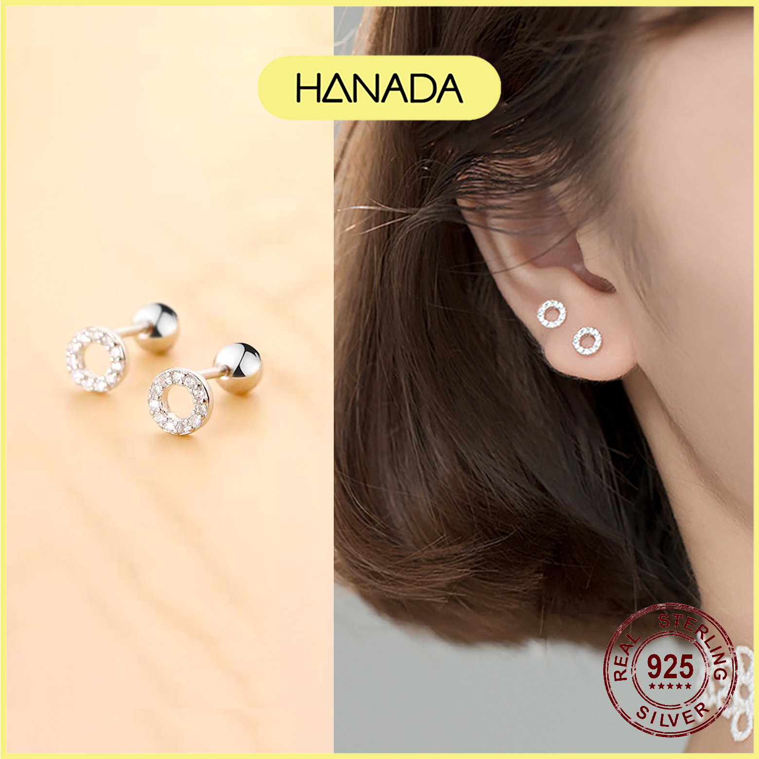 Bông tai bạc 925 hanada tròn đá chui bi vặn đơn giản nam nữ 1099 b13