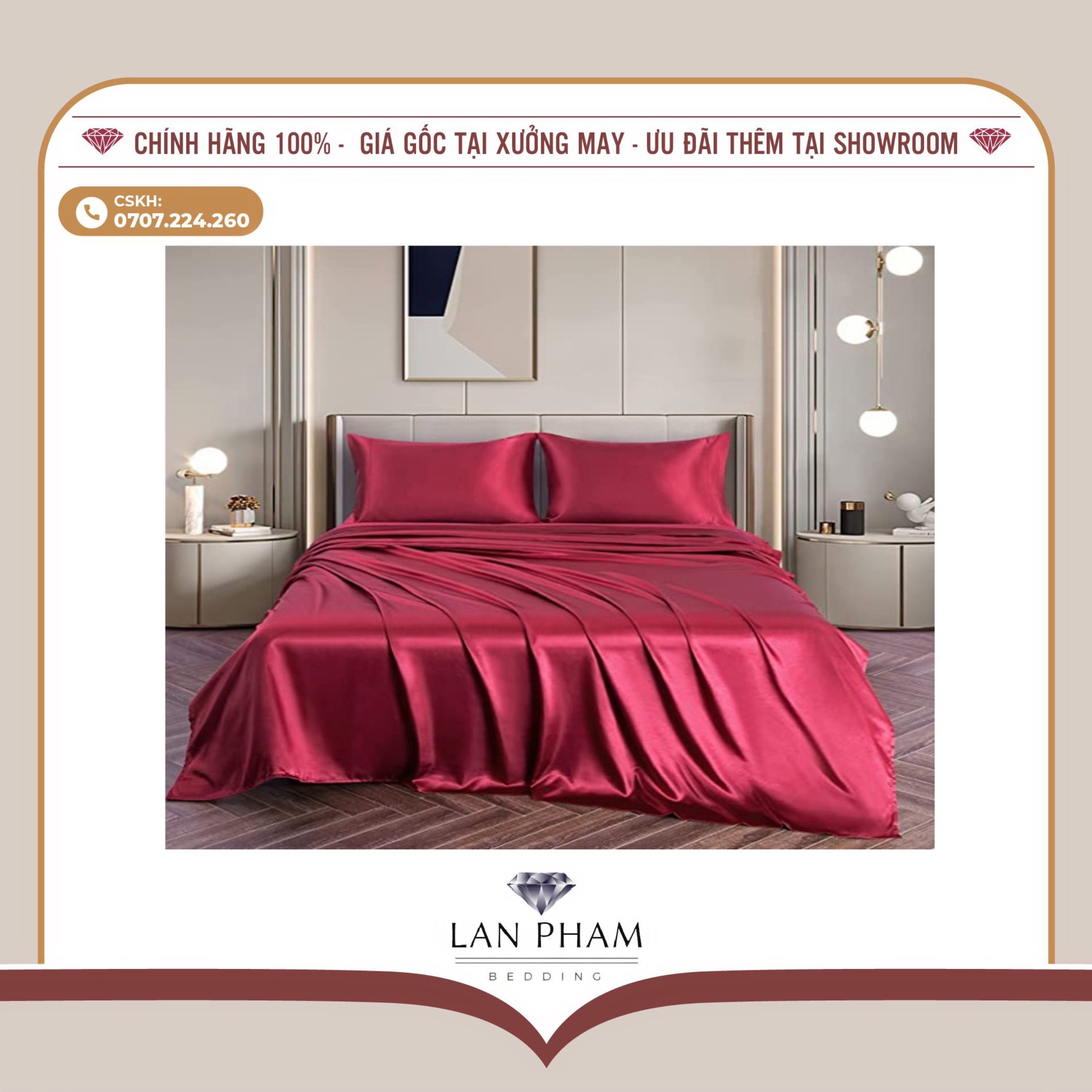 BỘ GA GIƯỜNG DRAP GỐI PHI LỤA MÀU ĐỎ ĐÔ CAO CẤP LAN BEDDING