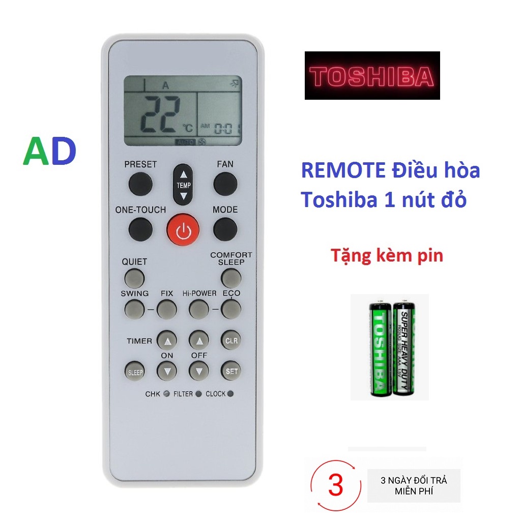 ĐIỀU KHIỂN ĐIỀU HÒA TOSHIBA WC-L03SE loại 1 nút đỏ-Tặng kèm pin - REMOTE  Toshiba WC-L03Se - Remote máy lạnh Toshiba 1 chiều và 2 chiều nút đỏ ở giữa thay thế tốt cho mã khiển zin theo máy