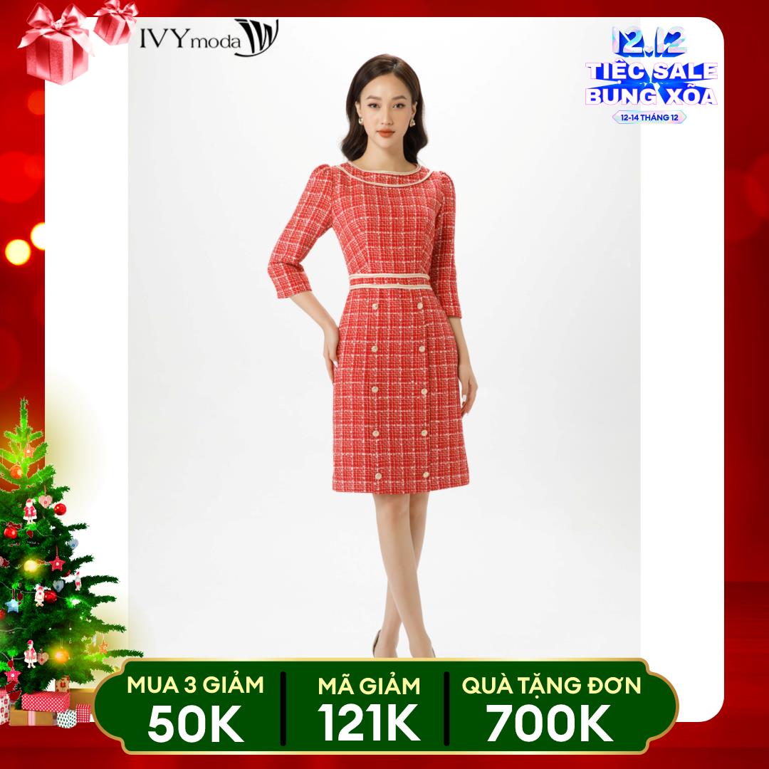 Đầm Tweed kẻ đỏ 2 lớp cổ tròn IVY Moda MS 48M7105