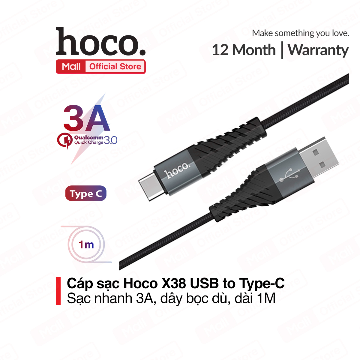 Cáp sạc nhanh và truyền dữ liệu tốc độ cao Type C Hoco X38 cho Samsung Galaxy Note 9 Note10 S9 S10 S10+ sạc nhanh 3.0A Max dài 25cm