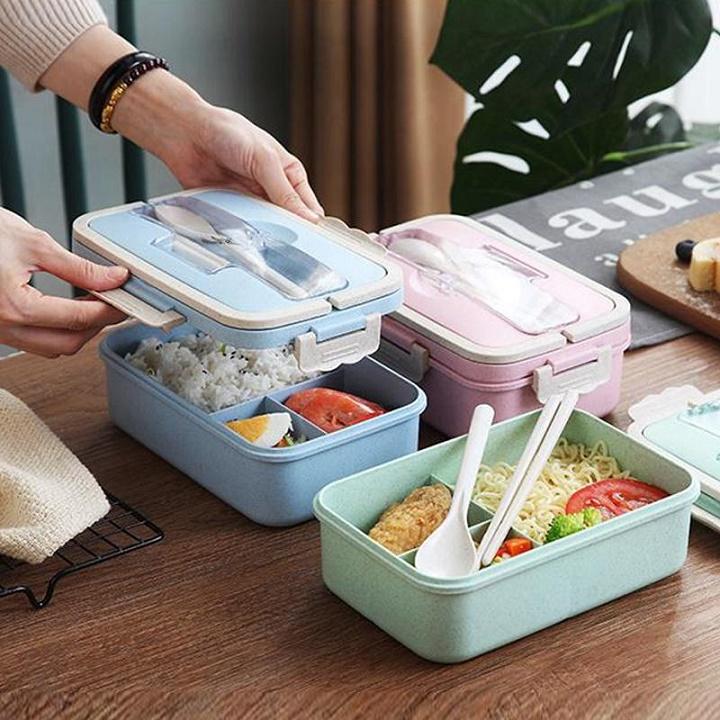 [HOT] Hộp đựng cơm lúa mạch 3 ngăn - tặng kèm thìa và đũa inox