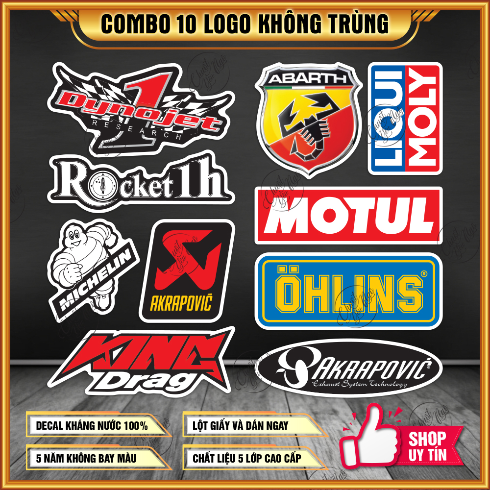 Combo 10 logo tem xe decal dán trang trí chống nước ohlins akrapovic king drag motul liqui moly decal sticker