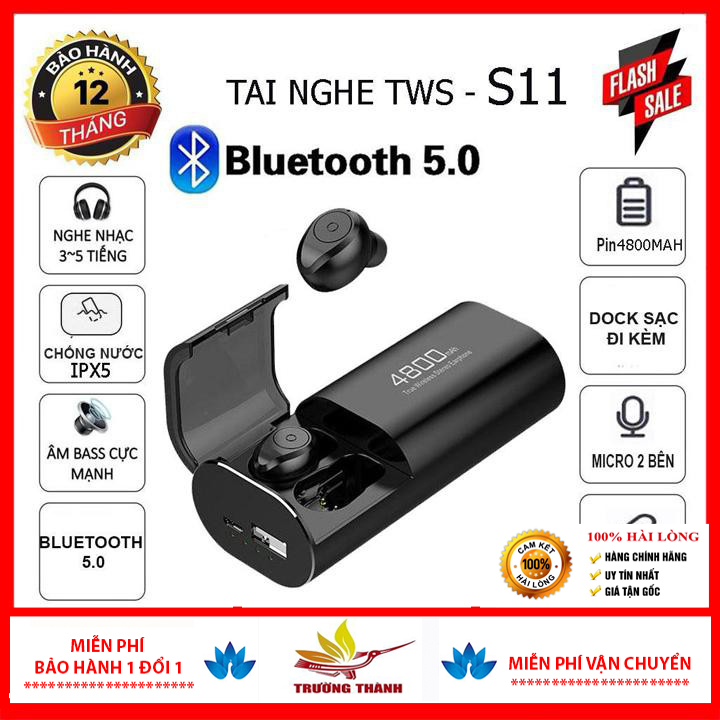 Tai Nghe không dây Bluetooth S11 5.0 TWS - Kiêm Sạc Dự Phòng Cho Điện Thoại Chống Nước IPX5-Bass siêu trầm