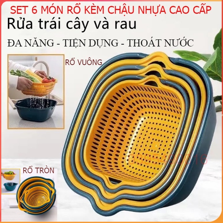 Combo 6 Rổ Kèm Chậu Bộ 3 Rổ Và 3 Chậu Thau Nhựa Rửa Rau Củ Đựng Hoa Quả Trái  Cây 2 Lớp Hình Tròn, Hình Vuông, Thoát Nước | Lazada.Vn