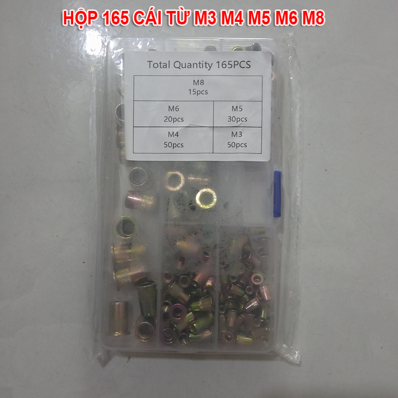 Hộp 165 con tán rút, ecu rút size từ m3-m4-m5-m6-m8-m10-m12