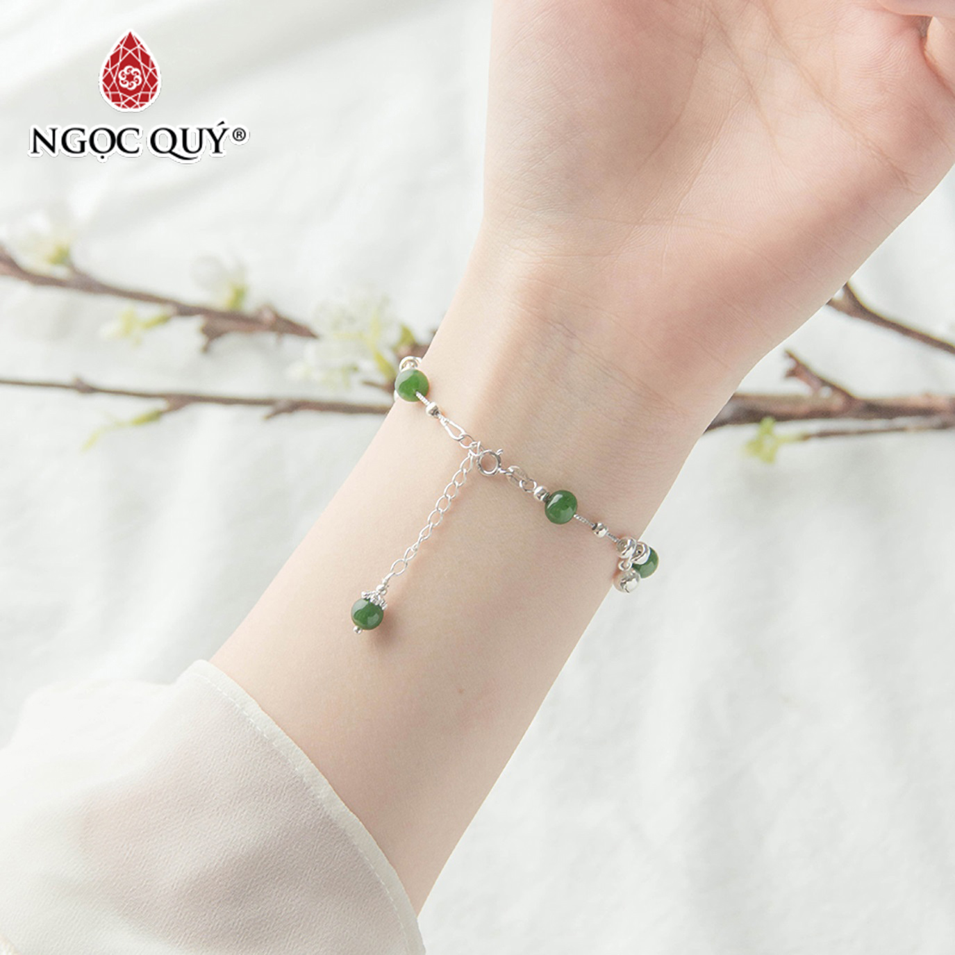 Vòng tay đá ngọc bích phối charm bạc trắng mệnh hỏa mộc - Ngọc Quý Gemstones