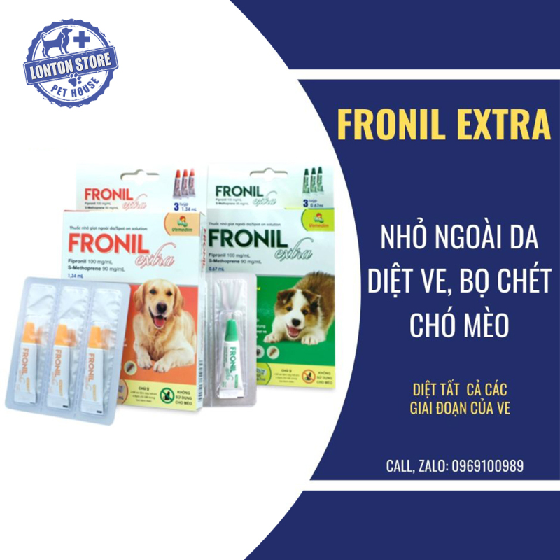 FRONIL extra nhỏ giọt lên da diệt tất cả mọi giai đoạn của ve, bọ chét chó (Hộp 3 btube). Vemedim & Lonton store nhỏ gáy diệt ve, bọ chét
