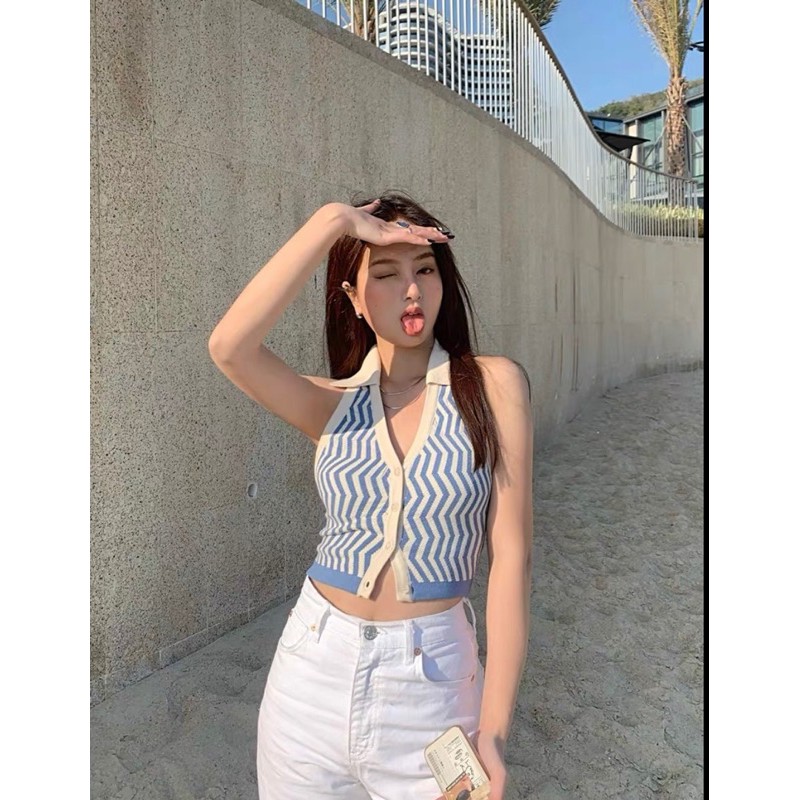 Áo yếm cổ bẻ croptop sexy (Đen, Xanh và Tím)