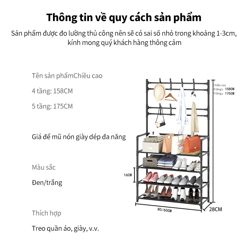 Kệ để giày dép chữ L , thiết kế treo đồ đa năng lắp ghép 4 tầng tặng kèm 8 móc treo, chất liệu thép chịu lực tốt,không gỉ cho thời gian sử dụng lâu bền,Chống nước, không bong sơn