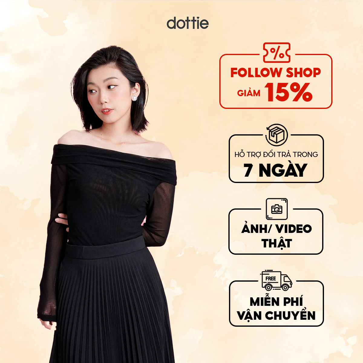DOTTIE - Áo kiểu trễ vai - Đen - T0783