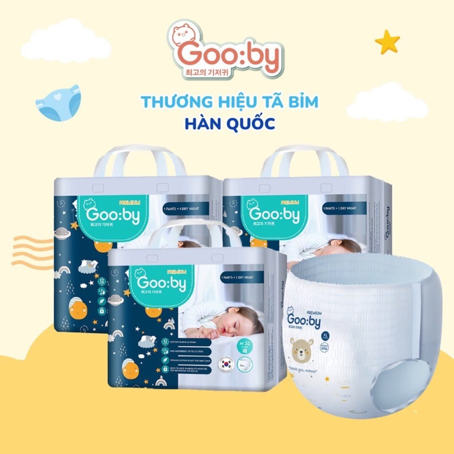 Bỉm mẫu dùng thử Tã/bỉm Gooby Premium ( Bỉm Gooby Đêm ) Siêu mềm mại, siêu thấm hút, an toàn size M/L/XL  cho bé 6- 16kg