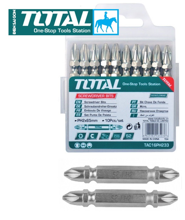 Bộ 10 mũi 2 đầu bake bắt vít PH2+PH2 65mm Total TAC16PH233