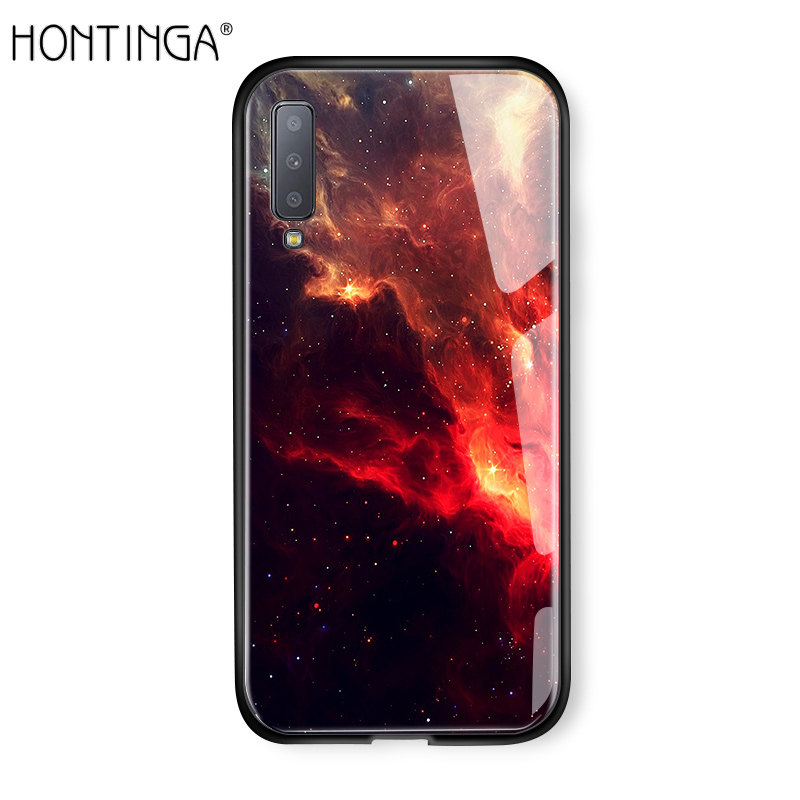 Hontinga For Samsung Galaxy A7 2018 Case Aurora Galaxy Space Sky Starry Gradient Casing Case Shockproof Tempered Glass Phone Cases Back Cover