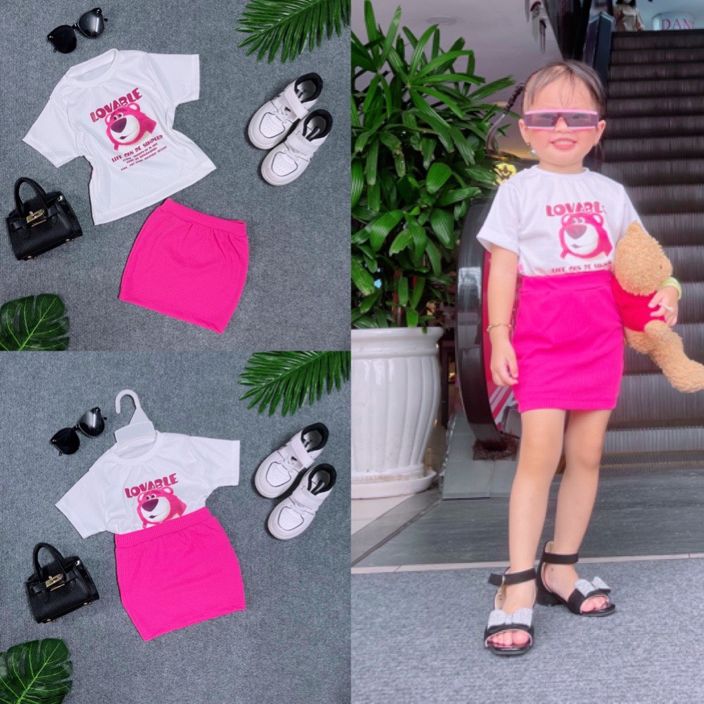 Set áo thun phối kèm chân váy cho bé gái 2 màu chất thun cotton 4 chiều