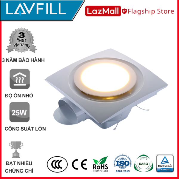 Giá bán Quạt thông gió âm trần 250X250 mm ĐÈN LED, Quạt hút âm trần nhà tắm, phòng vệ sinh với ĐÈN LED kết hợp 2 trong 1, dễ vệ sinh lau chùi, không bám bẩn, không ồn hãng LAVFILL LFCV-12DL