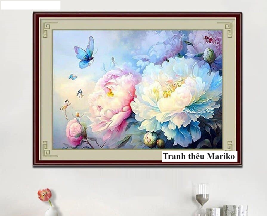 Tranh thêu kín hoa mẫu đơn e279 kích thước 90 x 60 cm