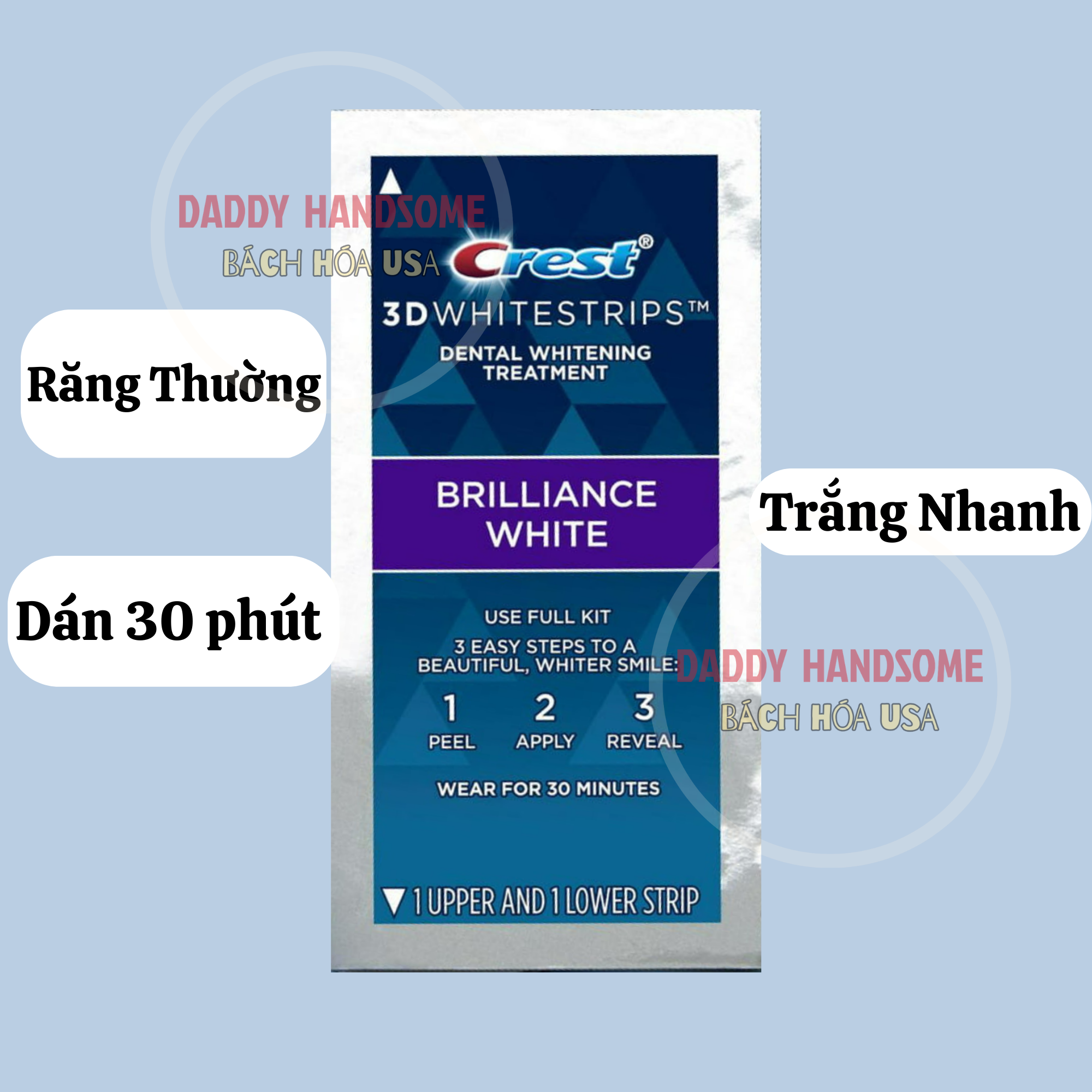 1 gói miếng dán trắng răng Crest 3D White chính hãng MỸ giúp răng trắng sáng vượt trội gồm các loại Professional Glammorous Supreme Professional và 1hour